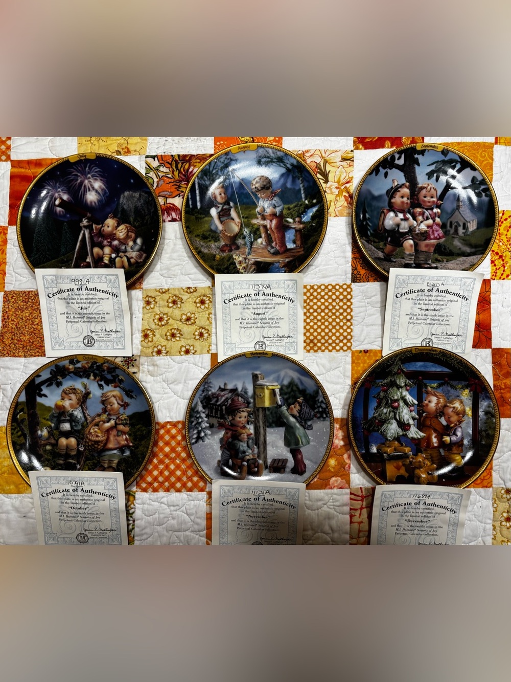 M.J. Hummel Seasons of Joy series 6 plates Jul, Aug,Sep,Oct,Nov,Dec with COA